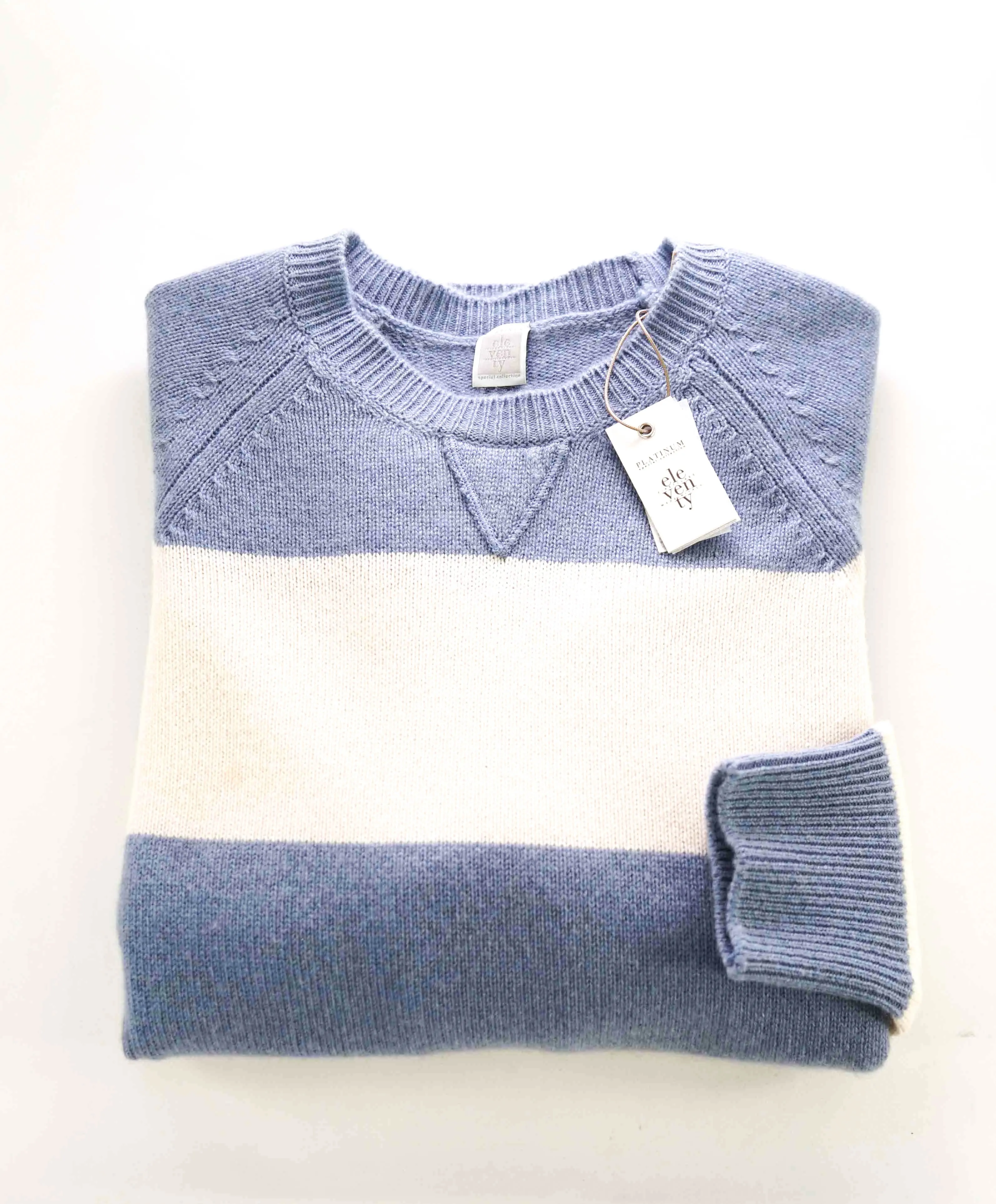 $1,095 ELEVENTY - 100% PURE CASHMERE Blue/White Crewneck Sweater - M