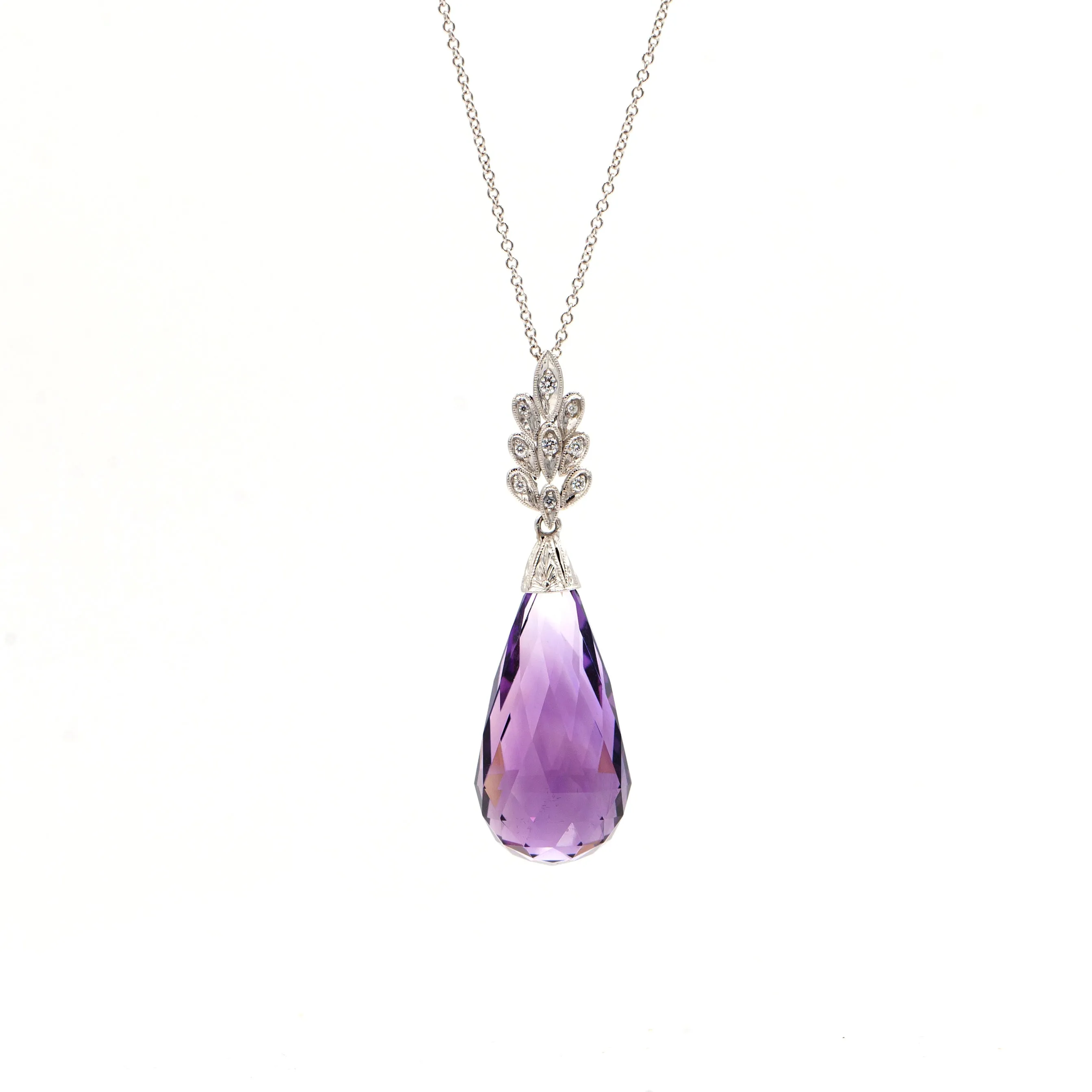 14K Gold Diamond & Amethyst Briolette Pendant