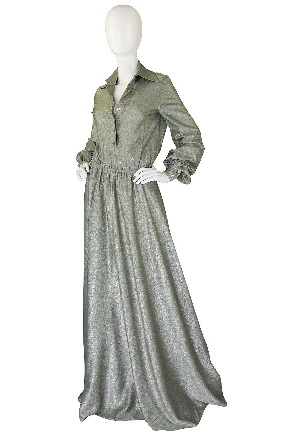 1970s Anne Klein Metallic Shirt Maxi Dress