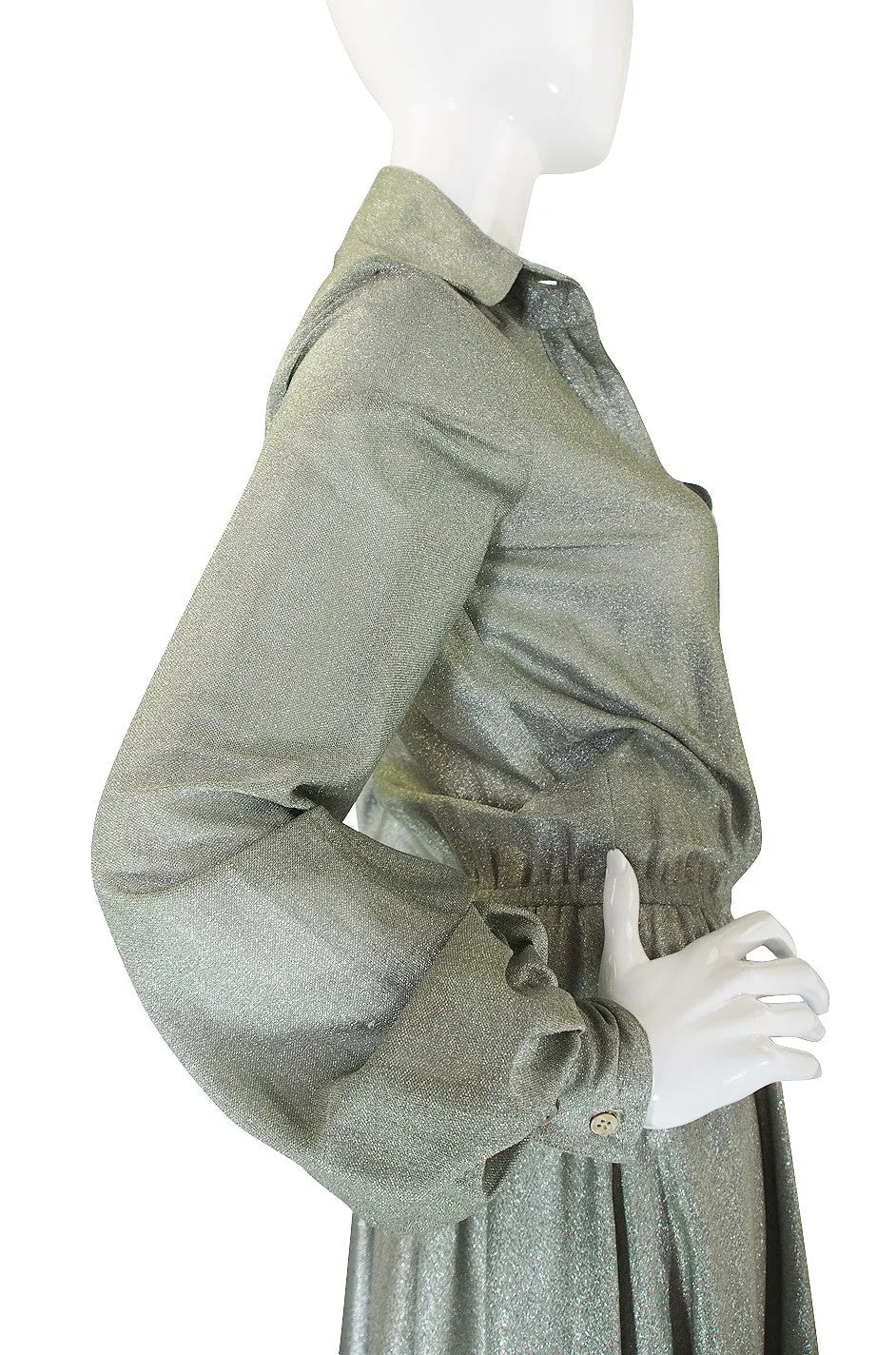 1970s Anne Klein Metallic Shirt Maxi Dress