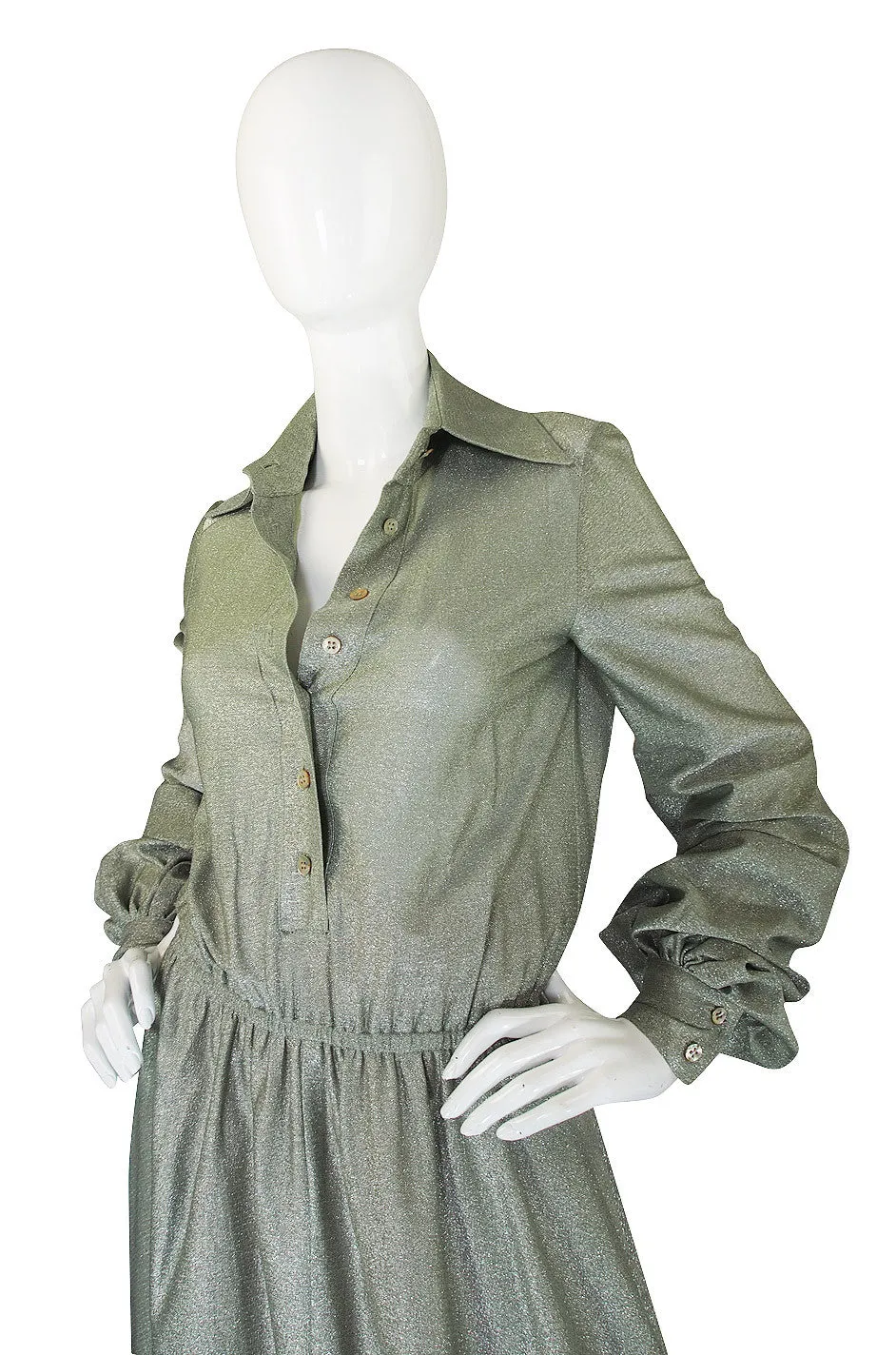 1970s Anne Klein Metallic Shirt Maxi Dress