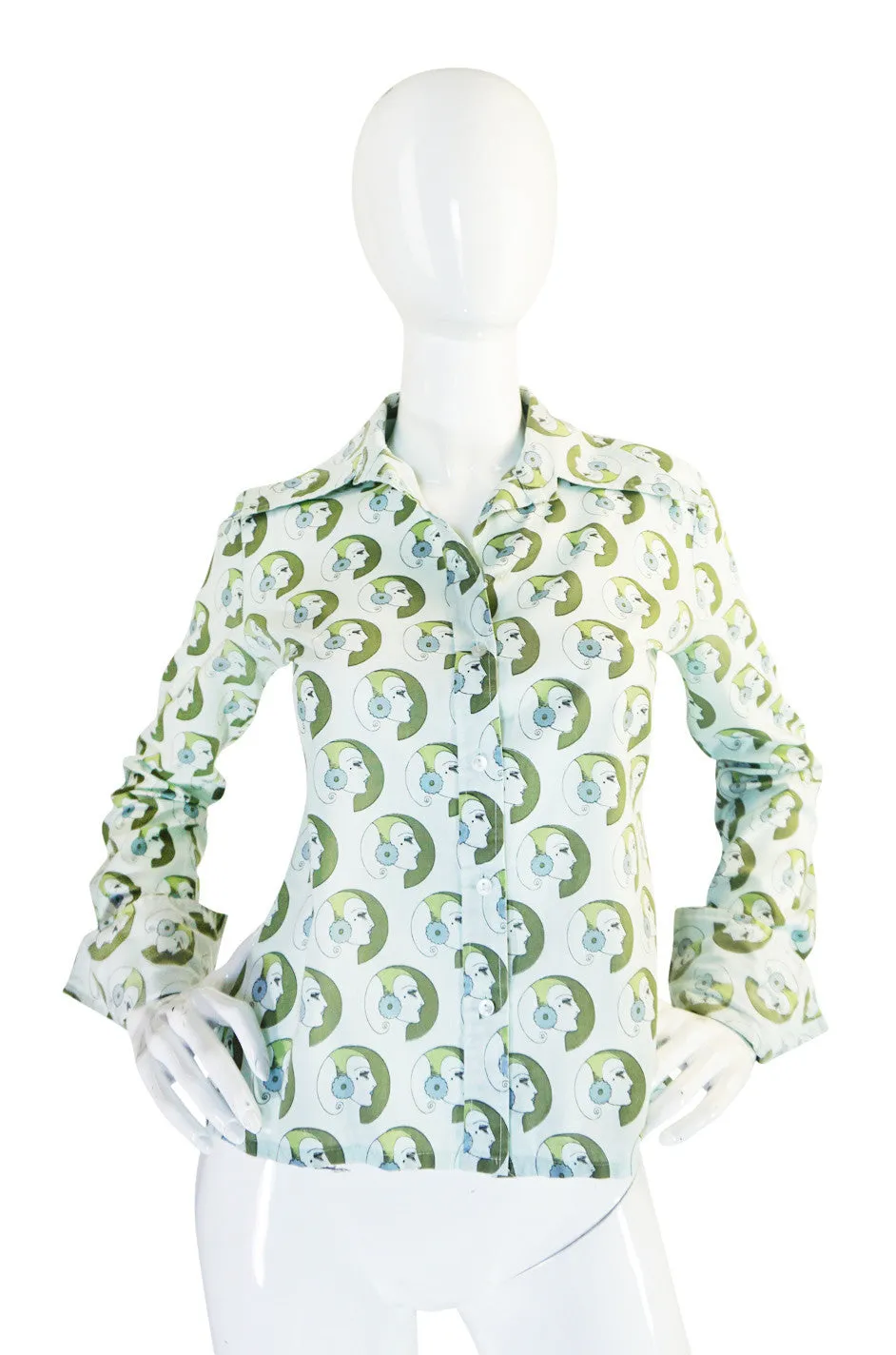 1970s Novelty Print Pointed Collar Button Down Shirt