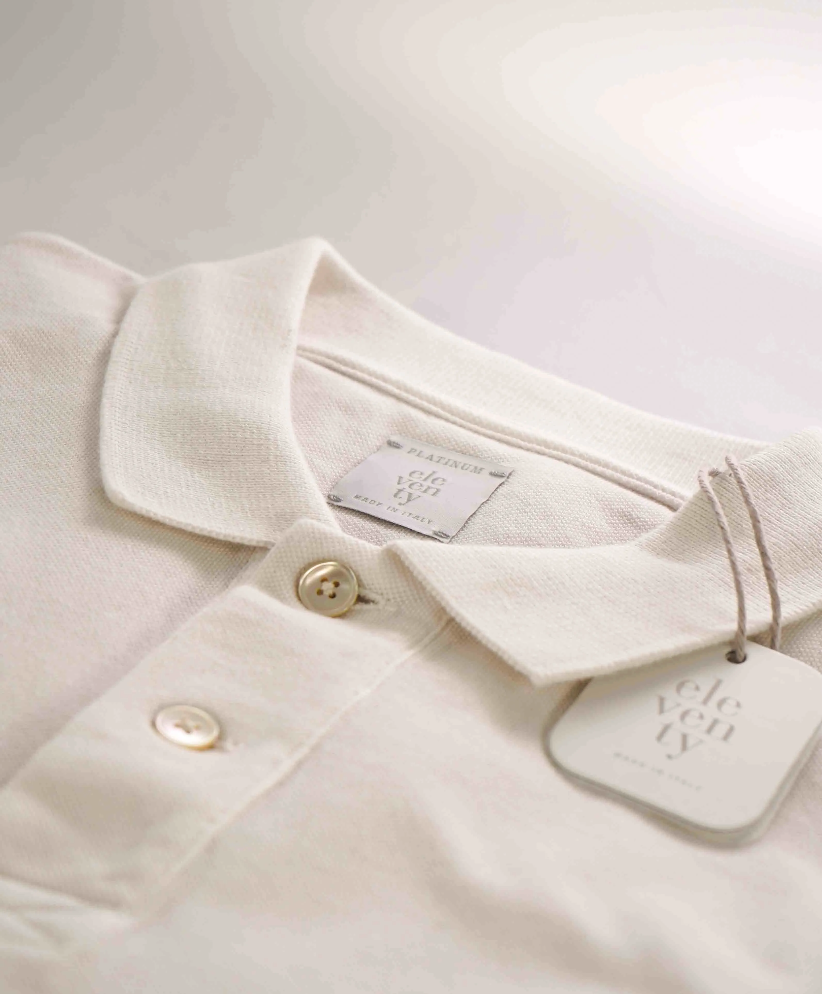 $345 ELEVENTY - Neutral Cotton MOP Button Pique Polo Shirt - Medium