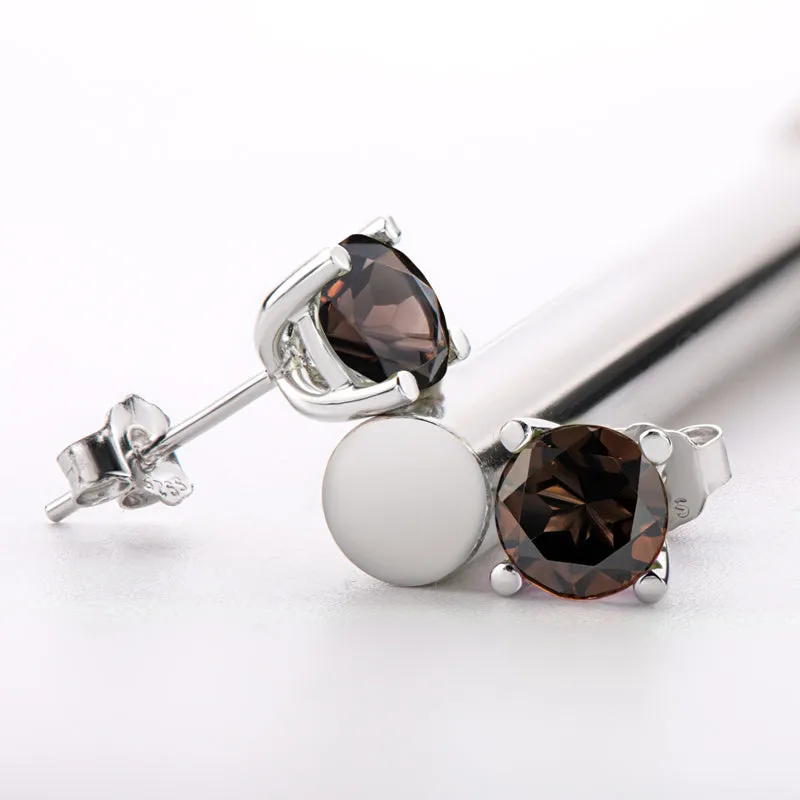 6mm Petite Round Genuine Gmestone Smoky Quartz Stud Earrings
