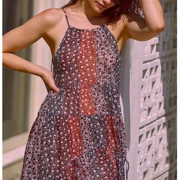 Anthropologie Shirred A-Line Tiered Dress in WIne NWT