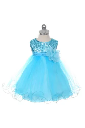 Aqua Sequin Party Baby Dress with 3D Mesh Flower and Sash