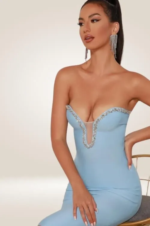 Azure Elegance Crystal Trim Bodycon Midi Dress