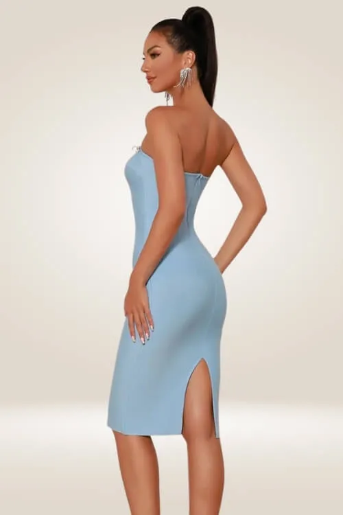 Azure Elegance Crystal Trim Bodycon Midi Dress