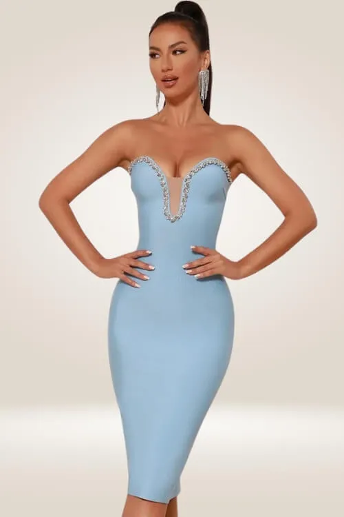 Azure Elegance Crystal Trim Bodycon Midi Dress
