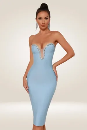 Azure Elegance Crystal Trim Bodycon Midi Dress