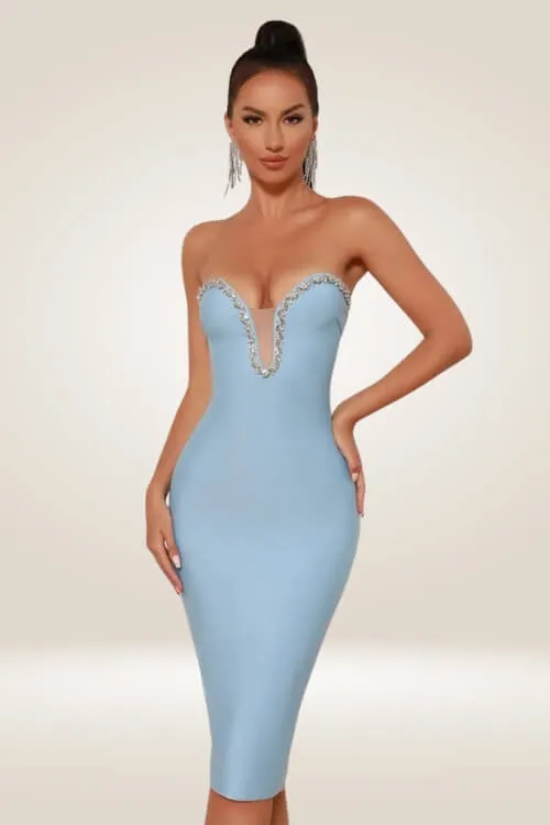 Azure Elegance Crystal Trim Bodycon Midi Dress