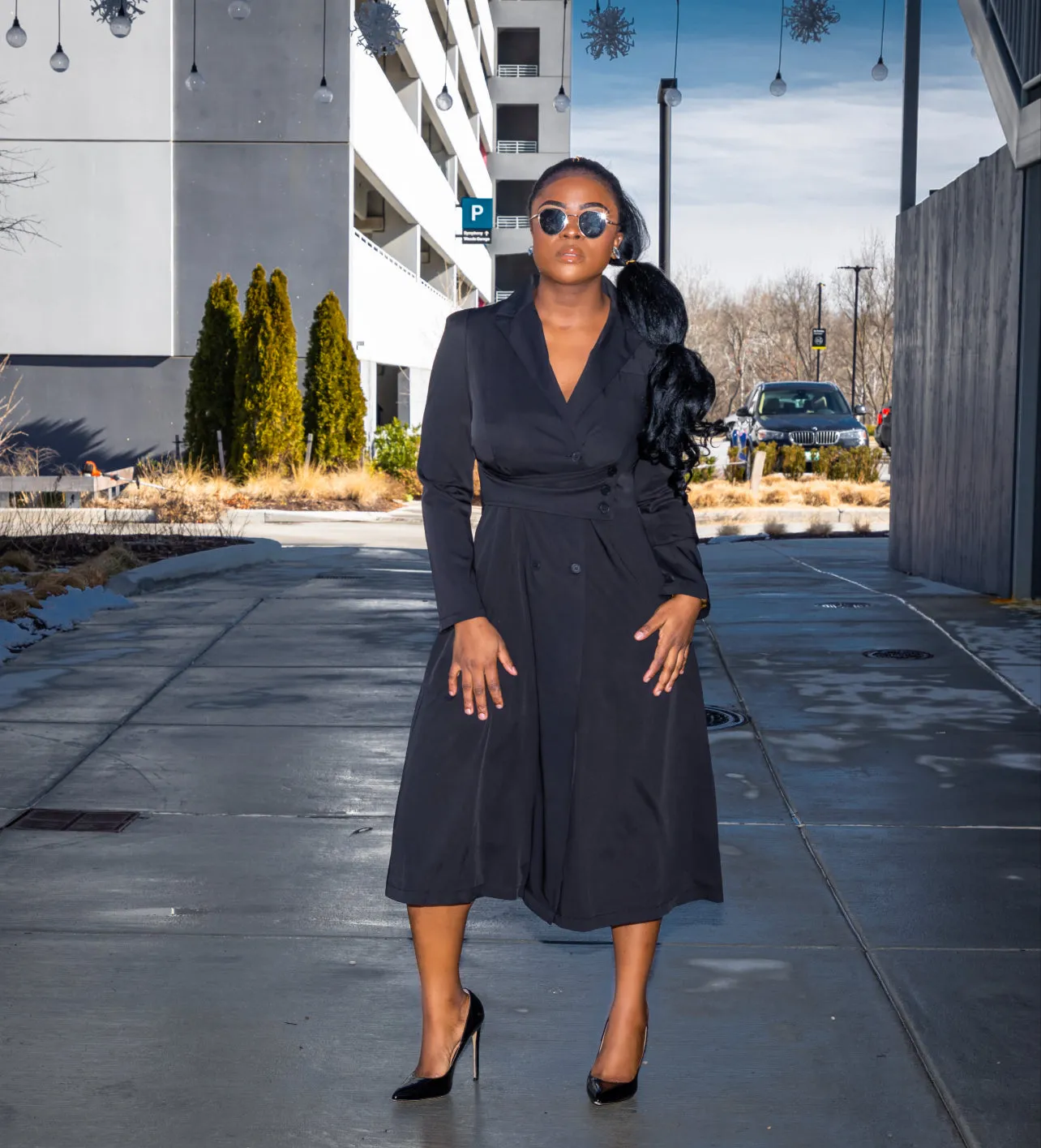 Black Waist Binding Long Sleeve Dress