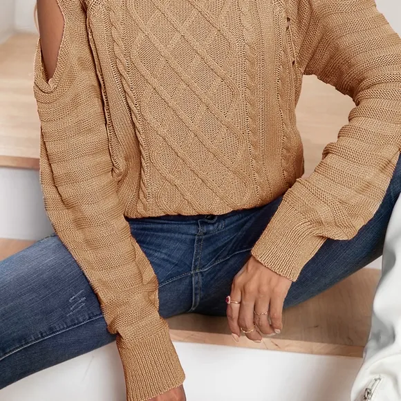 Buttoned Elegance Cold Shoulder Sweater - Tan