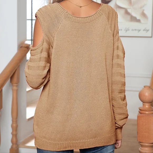 Buttoned Elegance Cold Shoulder Sweater - Tan