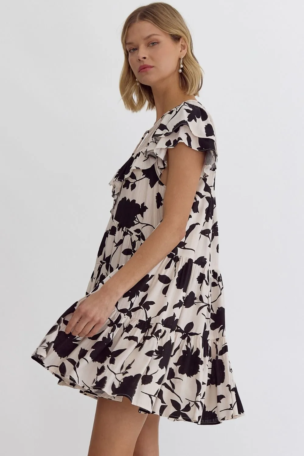 Cora Floral print ruffle sleeve mini dress featuring mesh detail at top