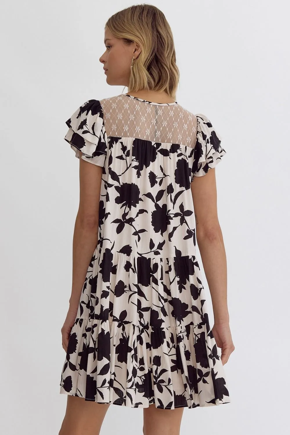 Cora Floral print ruffle sleeve mini dress featuring mesh detail at top