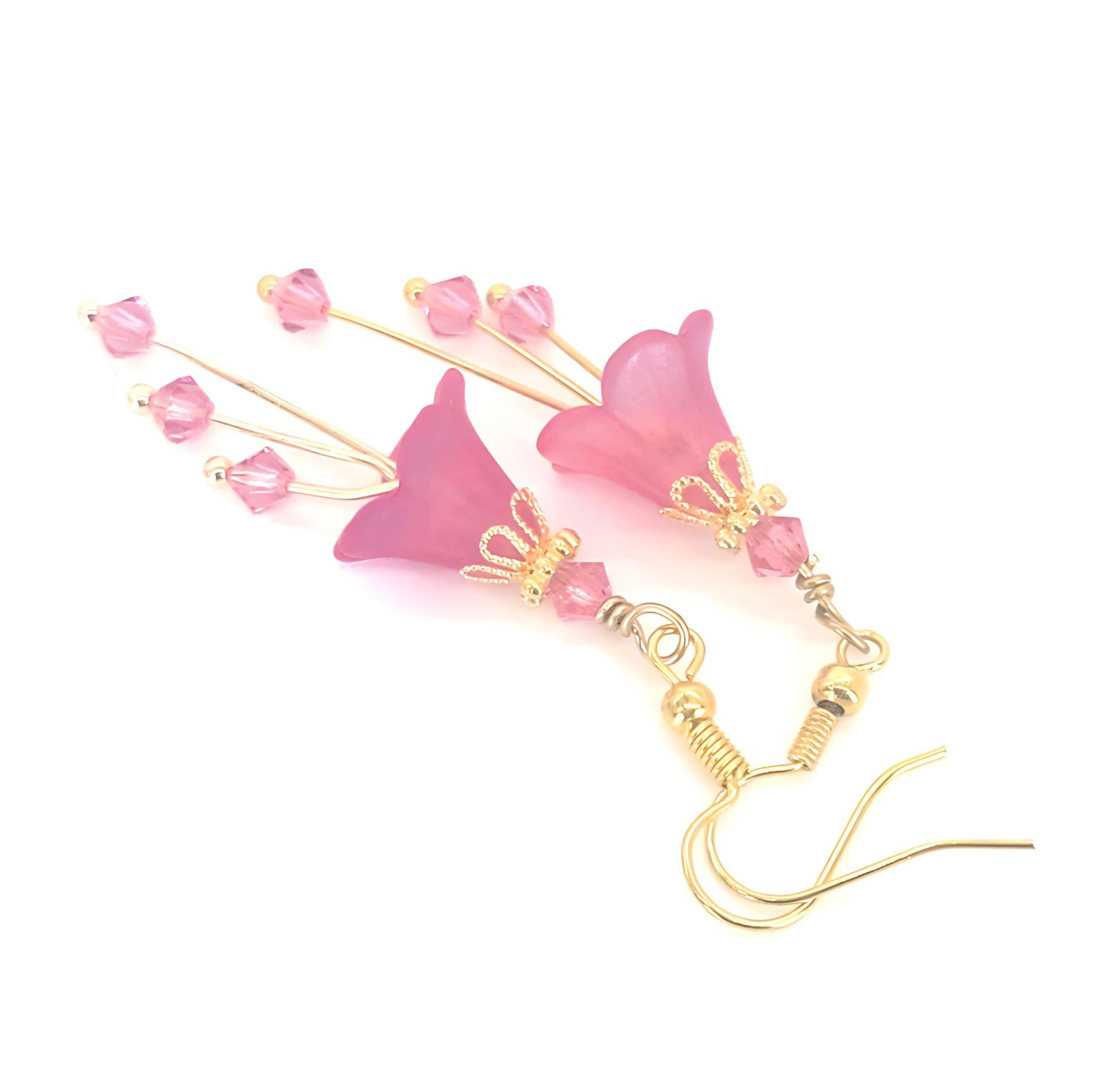 Deep Fuchsia Pink and Gold Bell Flower Earrings
