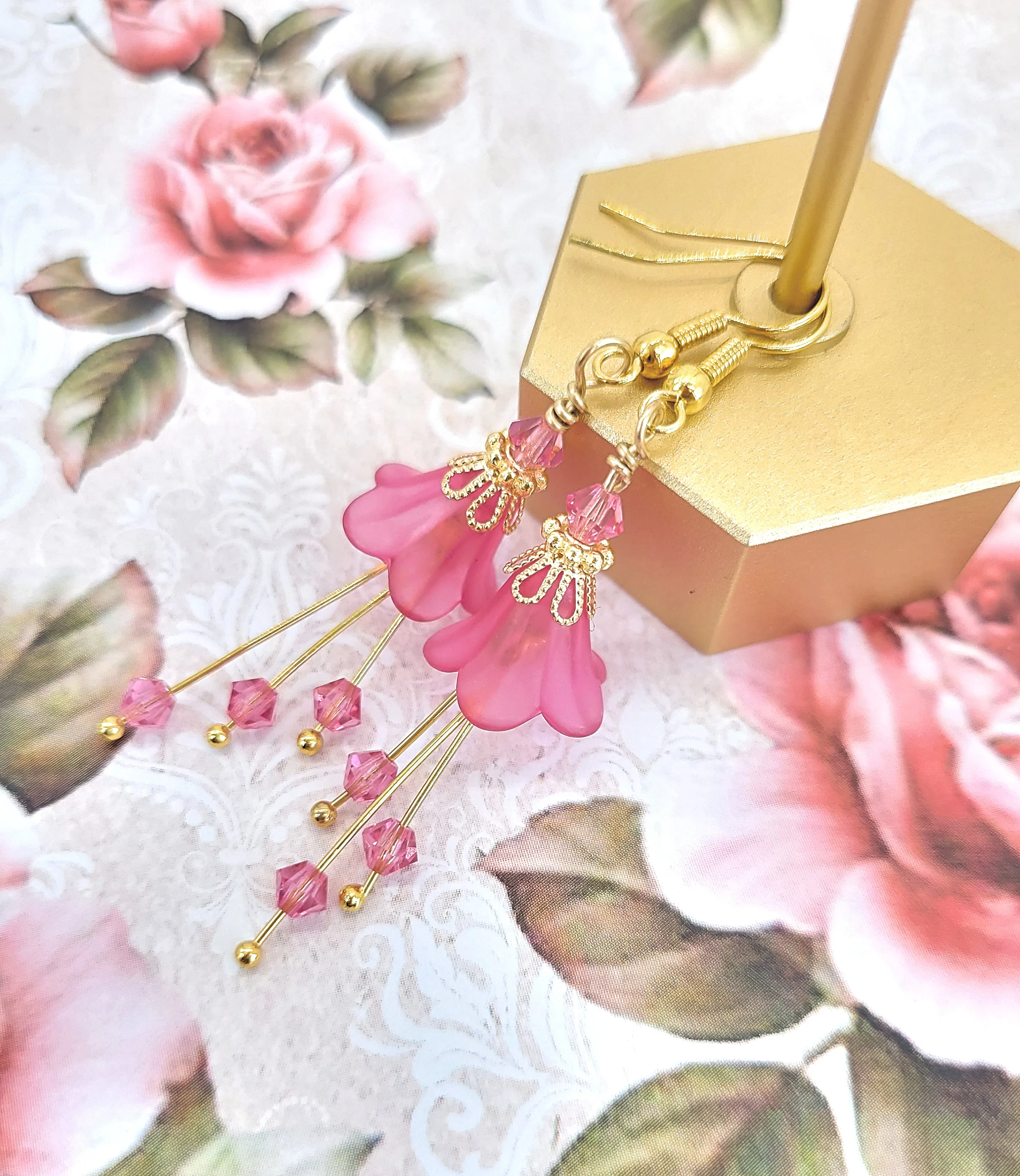 Deep Fuchsia Pink and Gold Bell Flower Earrings