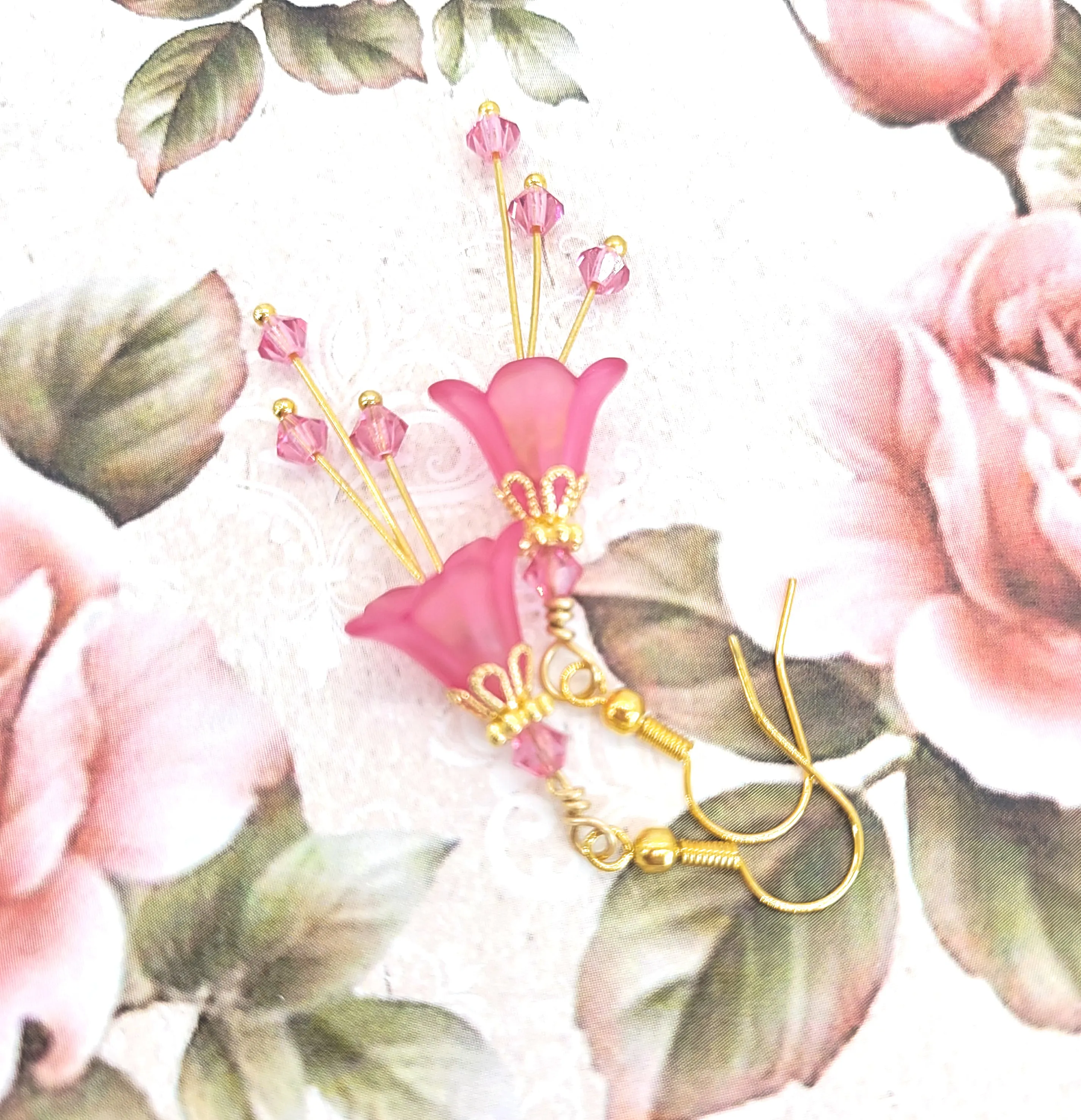 Deep Fuchsia Pink and Gold Bell Flower Earrings