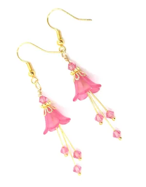 Deep Fuchsia Pink and Gold Bell Flower Earrings