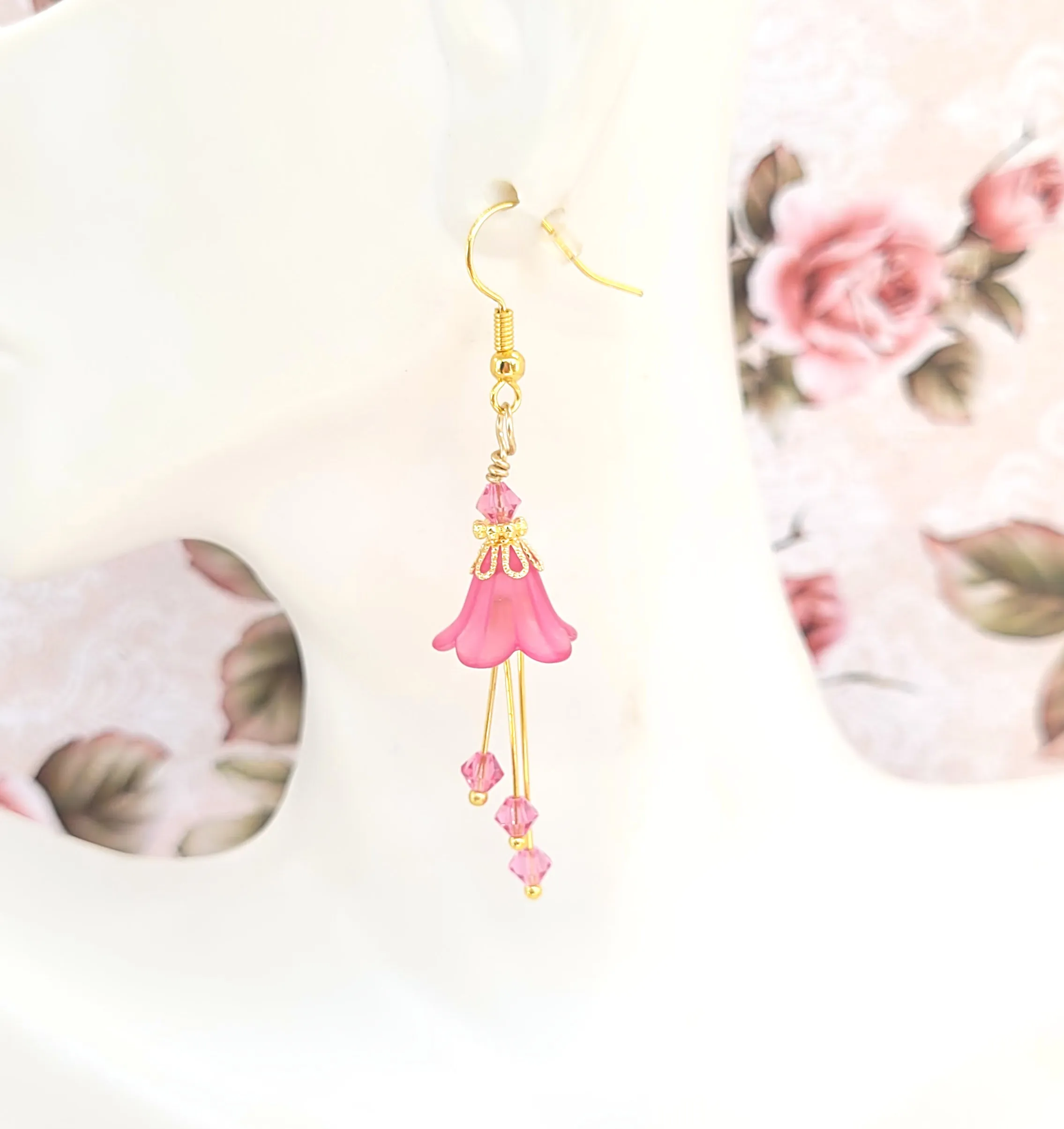 Deep Fuchsia Pink and Gold Bell Flower Earrings