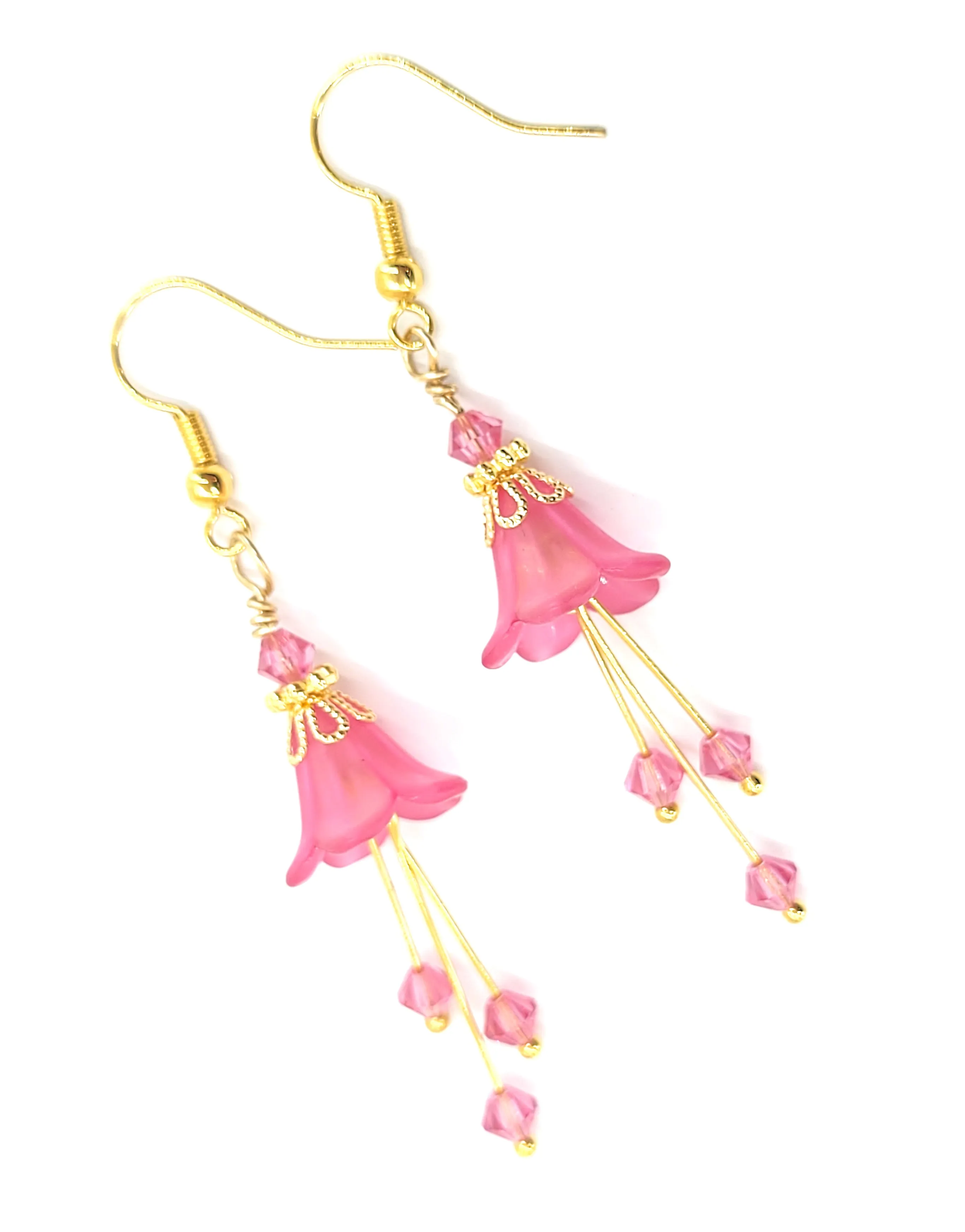 Deep Fuchsia Pink and Gold Bell Flower Earrings