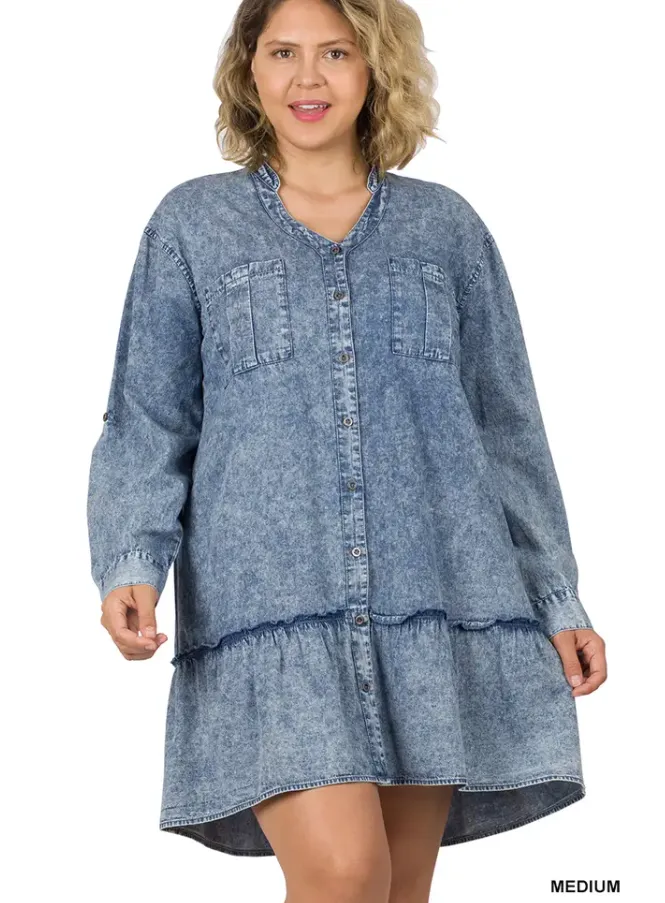 Denim Button Front Ruffle Mini Dress/Tunic - Plus