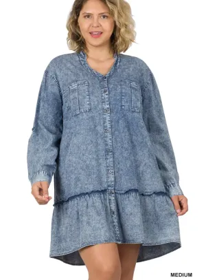 Denim Button Front Ruffle Mini Dress/Tunic - Plus