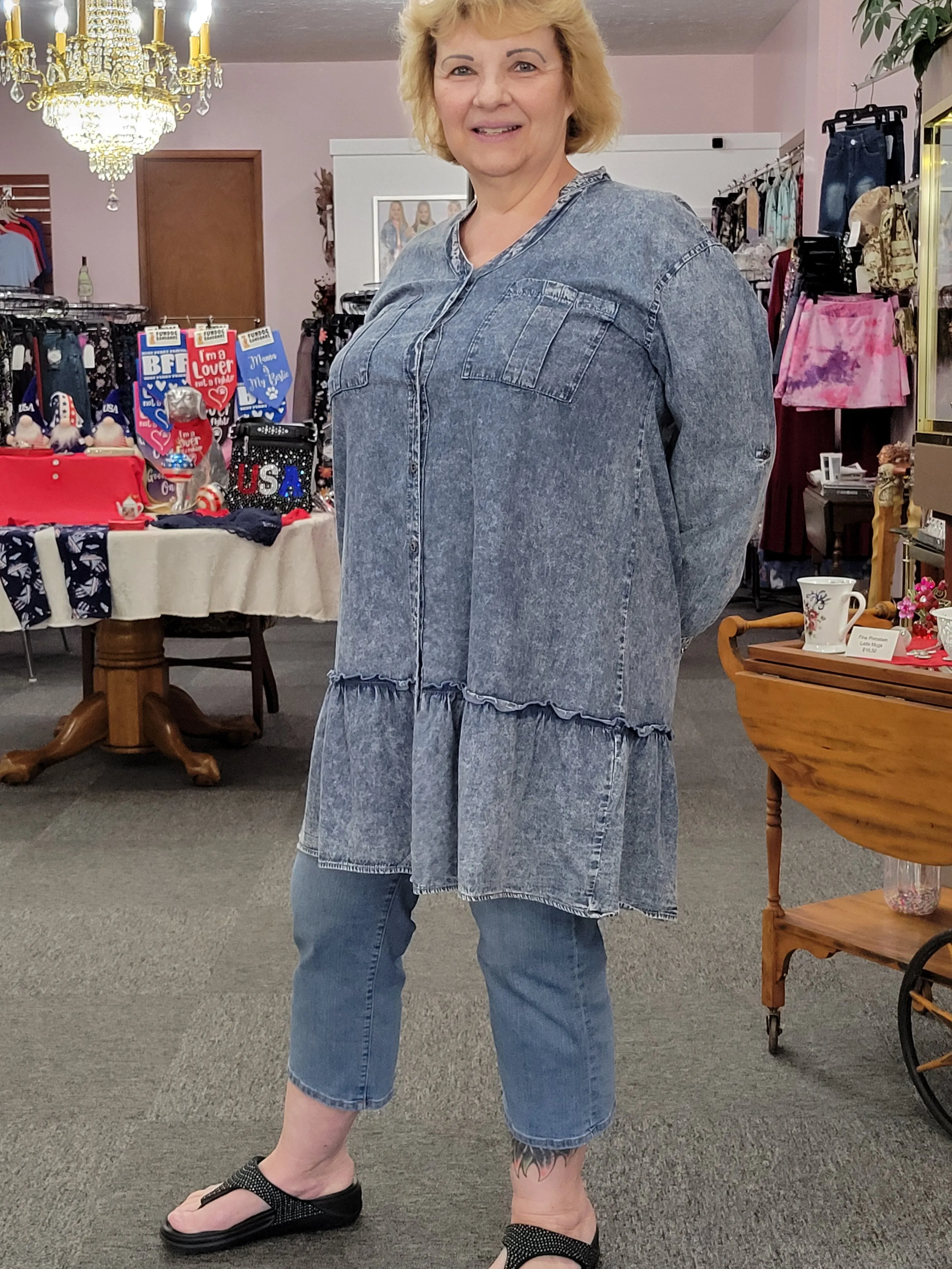 Denim Button Front Ruffle Mini Dress/Tunic - Plus
