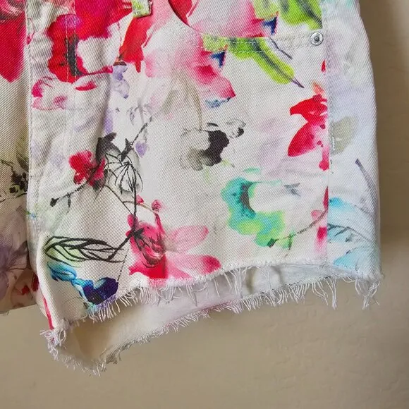 DL1961 Ivy High Rise Carnival Floral Watercolor Cut Off Denim Jean Shorts