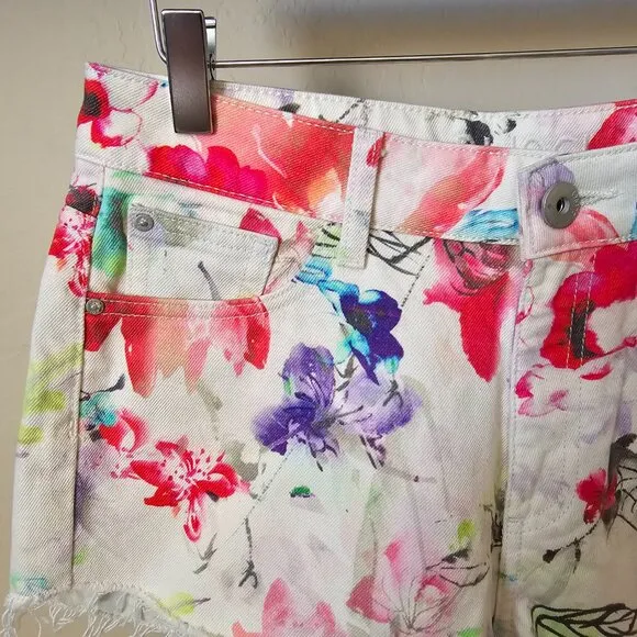 DL1961 Ivy High Rise Carnival Floral Watercolor Cut Off Denim Jean Shorts