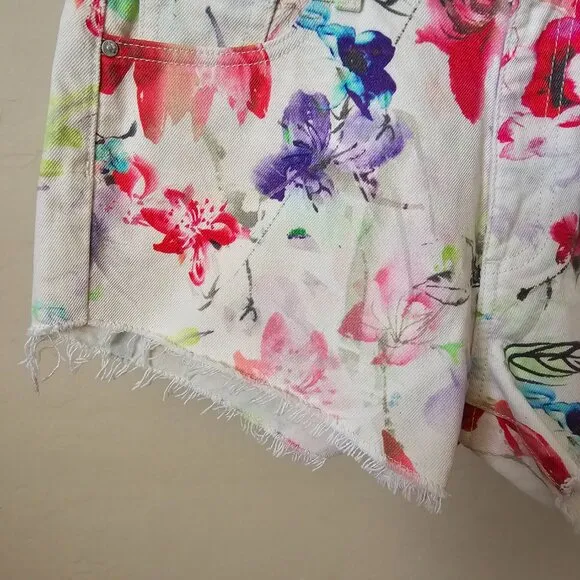 DL1961 Ivy High Rise Carnival Floral Watercolor Cut Off Denim Jean Shorts