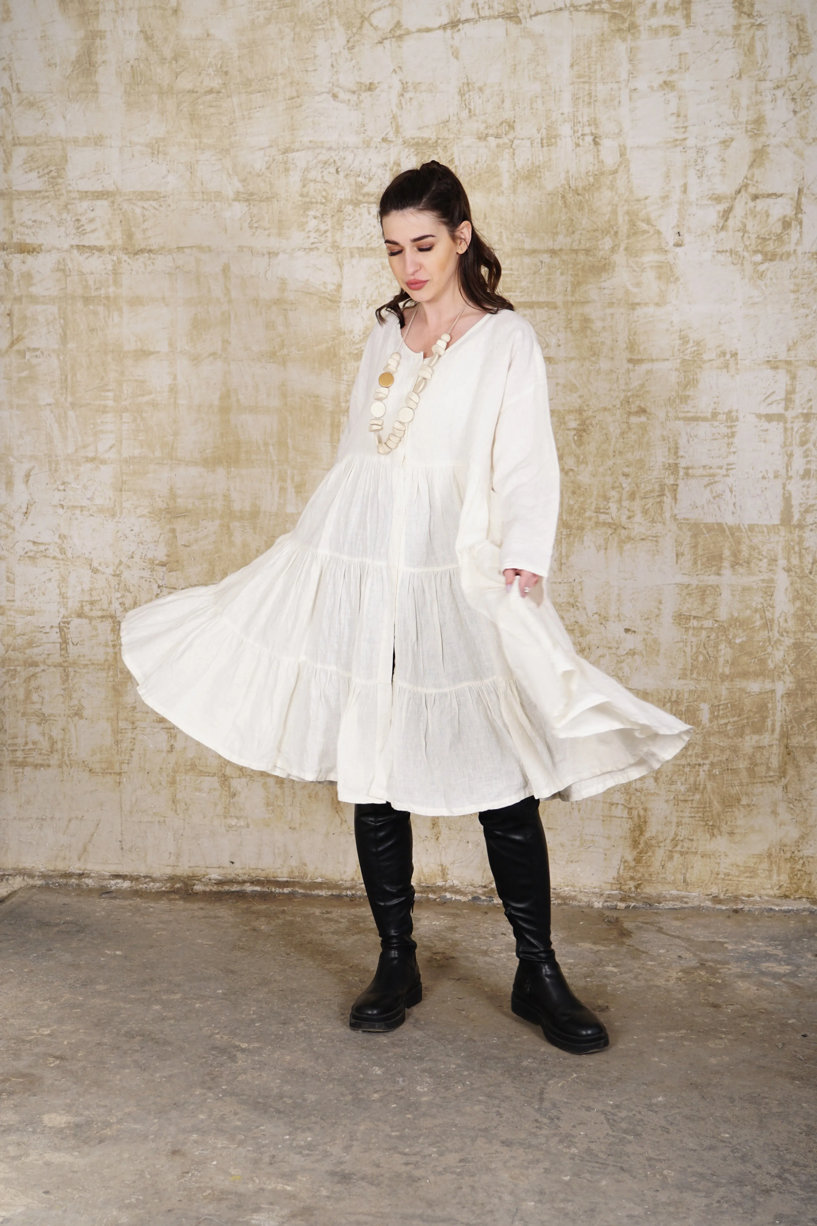 Eileen Linen Button Dress in Cream