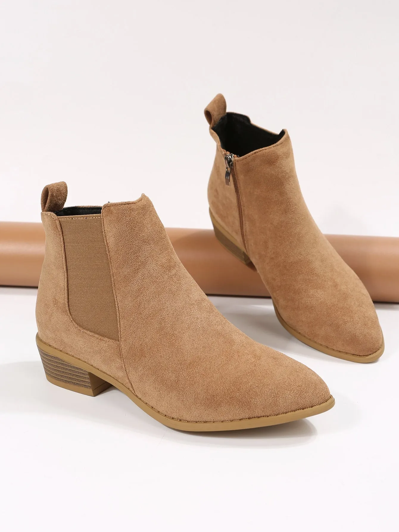Faux Suede Chelsea Boots With Side Zipper - Camel