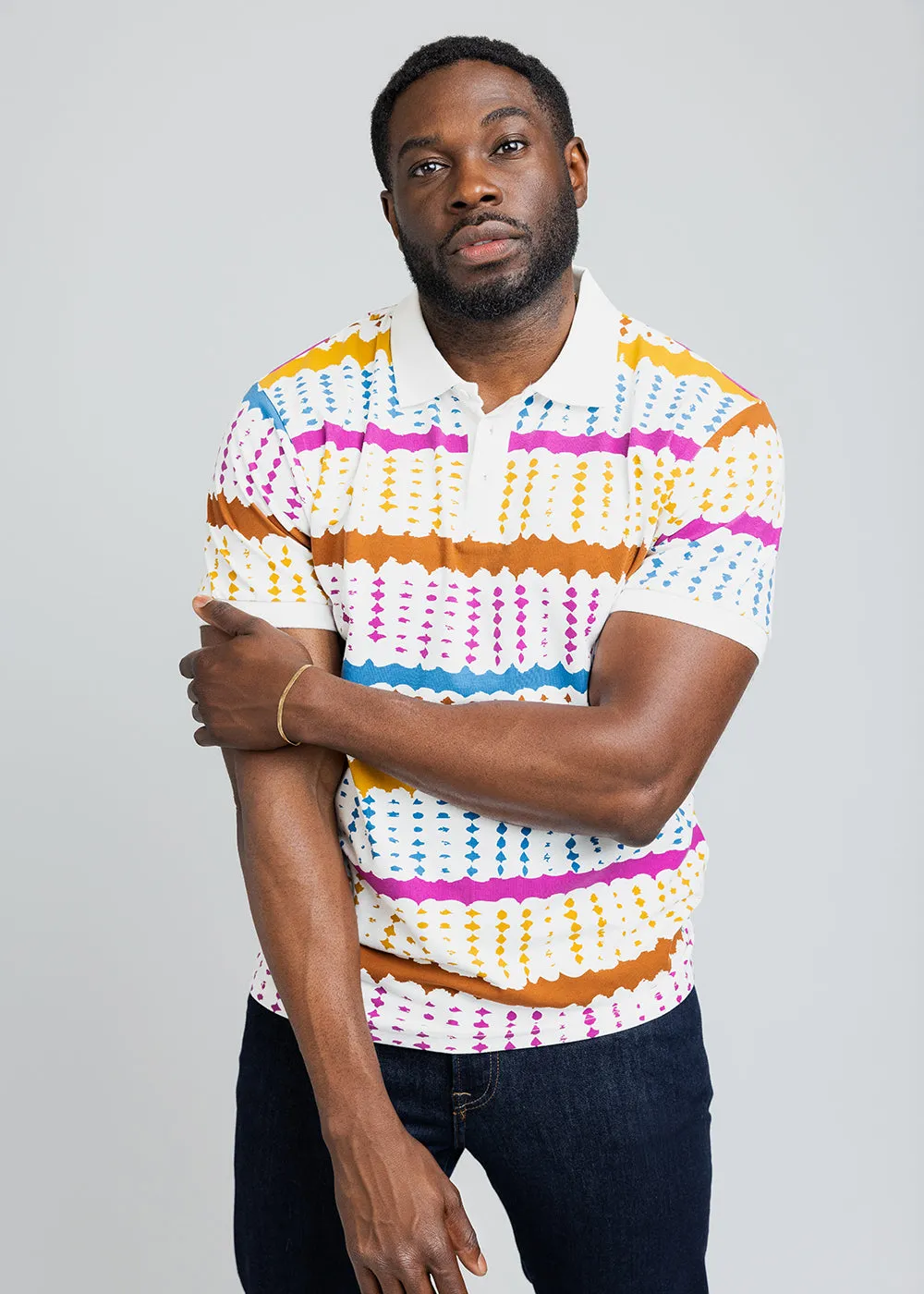 Femi Men's African Print Polo Shirt (White Nautical Adire)