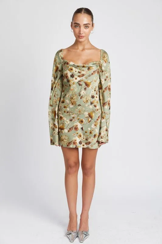 Floral Cowl Neck Mini Dress