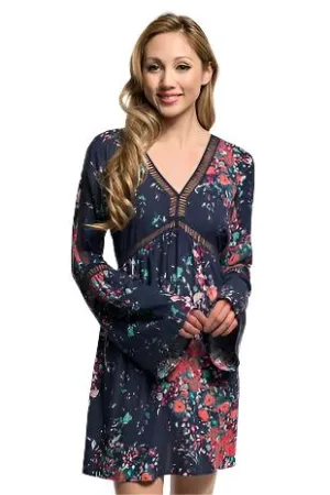 Floral print jacquard long bell sleeve mini dress