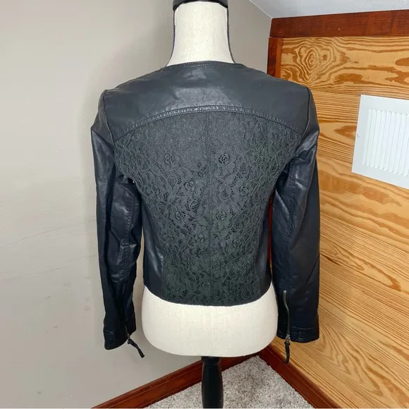Free People Black Lace Full Zip Faux Leather Jacket 0 Y2K