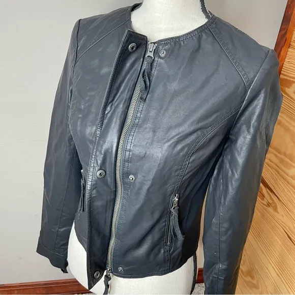Free People Black Lace Full Zip Faux Leather Jacket 0 Y2K