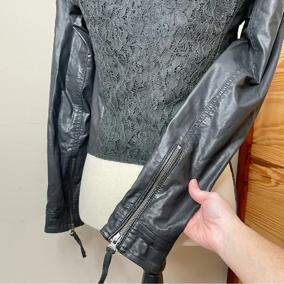Free People Black Lace Full Zip Faux Leather Jacket 0 Y2K
