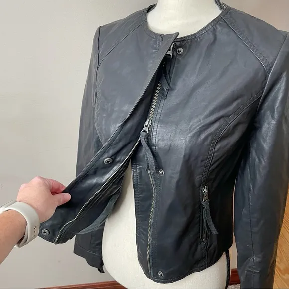 Free People Black Lace Full Zip Faux Leather Jacket 0 Y2K