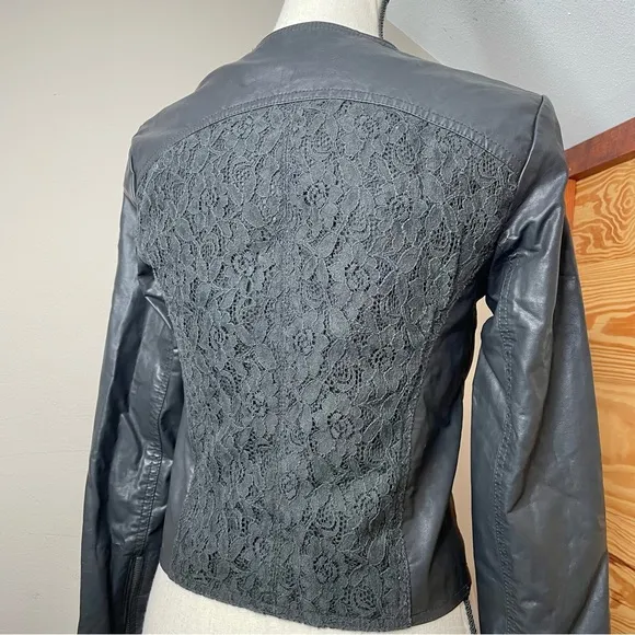 Free People Black Lace Full Zip Faux Leather Jacket 0 Y2K