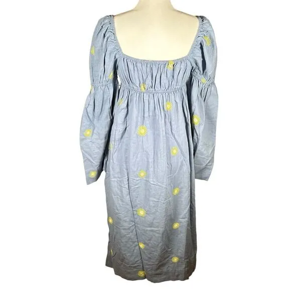 Free People Cotton/Linen Emory Embroidered Midi Side Slit Dress Blue XS NEW