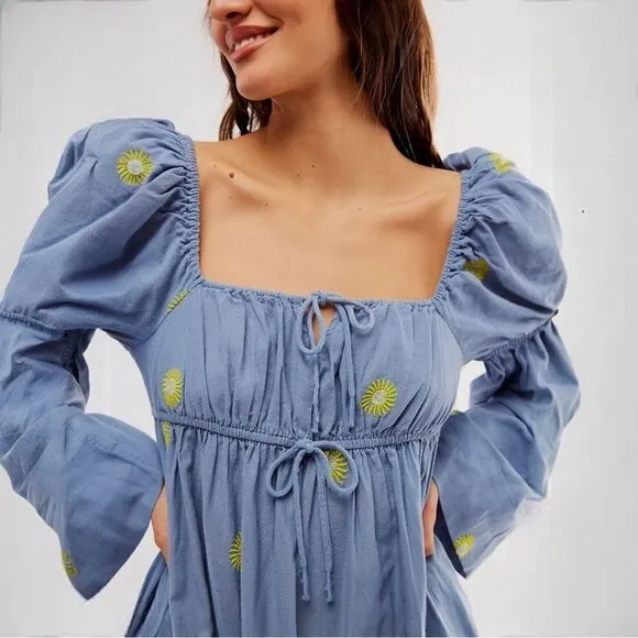 Free People Cotton/Linen Emory Embroidered Midi Side Slit Dress Blue XS NEW