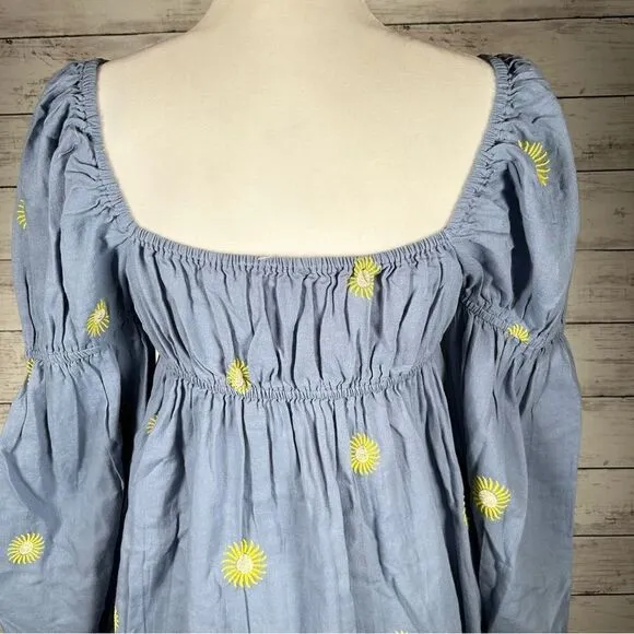 Free People Cotton/Linen Emory Embroidered Midi Side Slit Dress Blue XS NEW