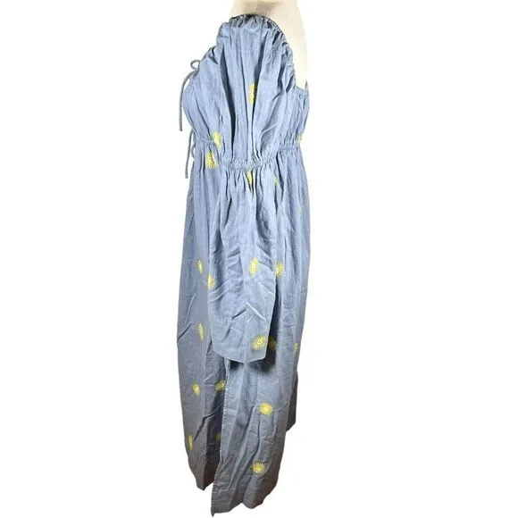 Free People Cotton/Linen Emory Embroidered Midi Side Slit Dress Blue XS NEW