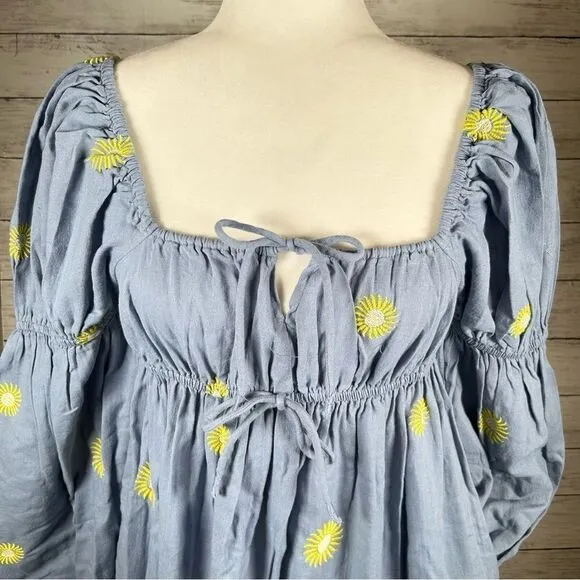 Free People Cotton/Linen Emory Embroidered Midi Side Slit Dress Blue XS NEW