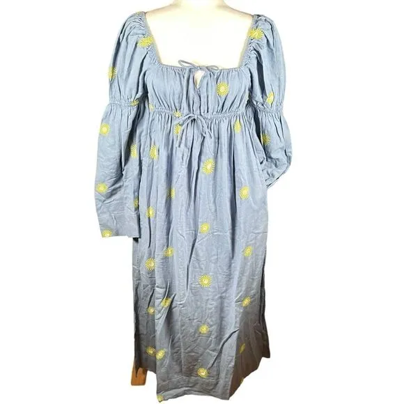 Free People Cotton/Linen Emory Embroidered Midi Side Slit Dress Blue XS NEW