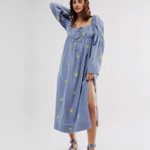 Free People Cotton/Linen Emory Embroidered Midi Side Slit Dress Blue XS NEW