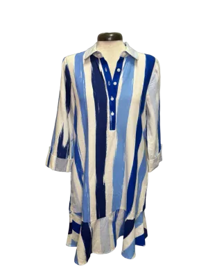 Full Shirt Dress with Flounce Ivory/Blue